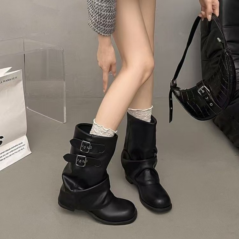 Embroidery Garments - Schwarze Damenstiefel mit Doppelschnalle, niedrigem Blockabsatz,