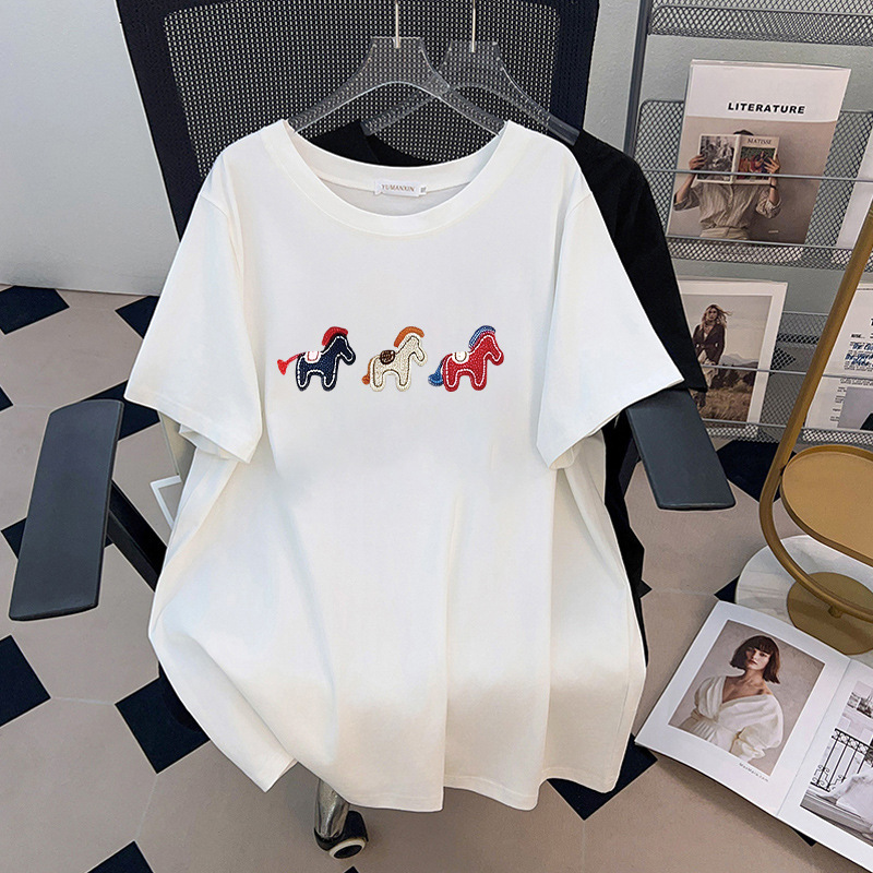 Embroidery Cotton Shirt - 170 kg Übergröße Damen-T-Shirt mit Rundhalsausschnitt,