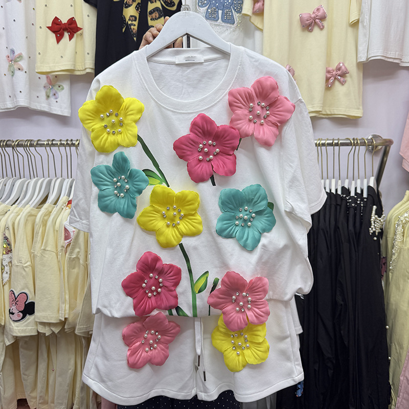 Embroidery Cotton Shirt - Sommer Bunte 3D Blumen T-shirt Perlen