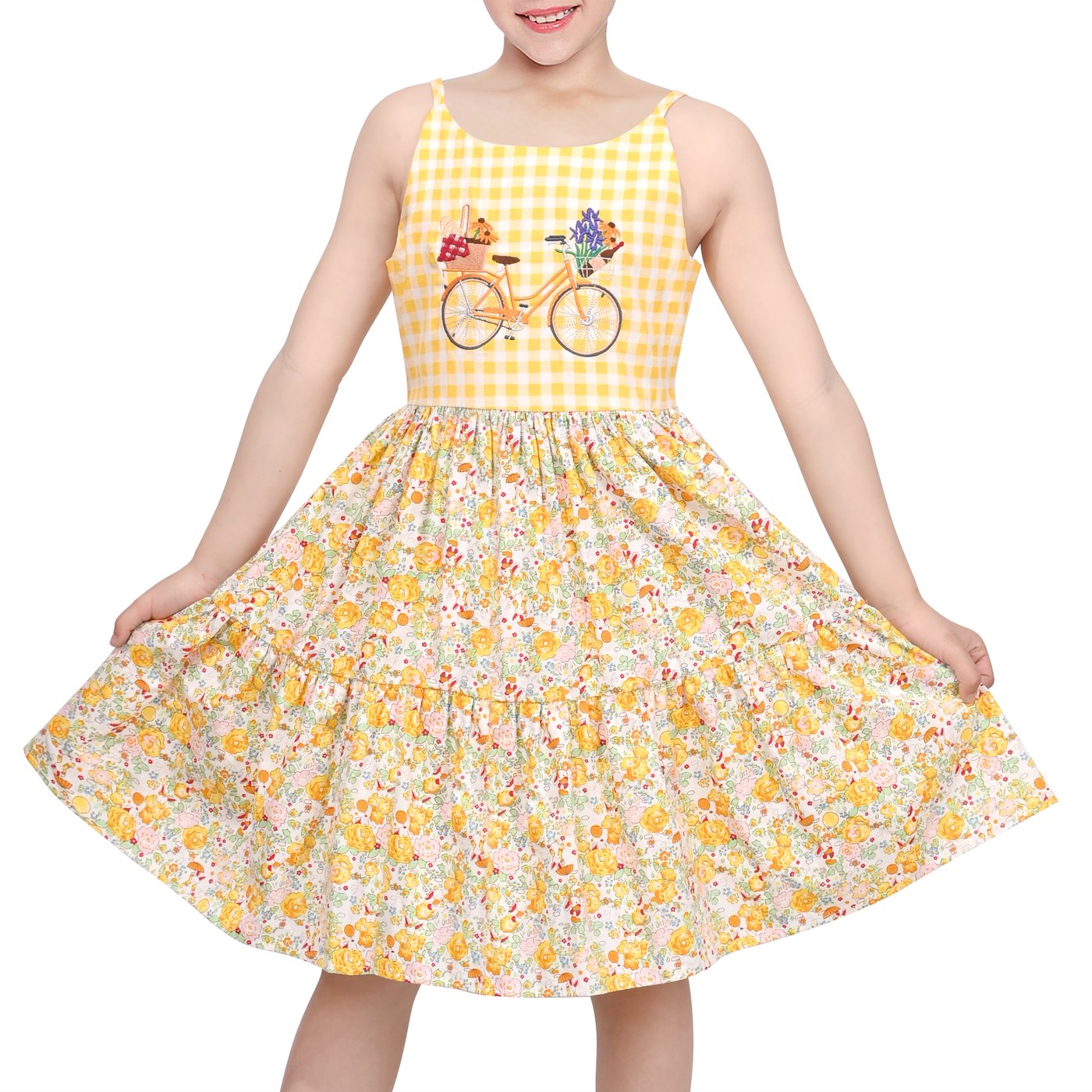 Embroidery Yellow Dress - Mädchenkleid, gelbes Gingham-Kleid mit Fahrrad-Stickerei, ärmellos,