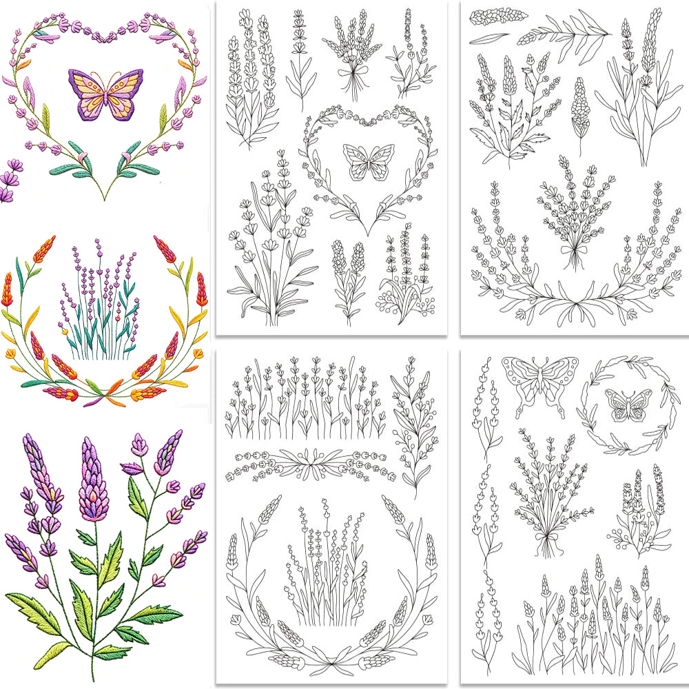 Embroidery Meaning - Lavendelblüten-Schmetterling Wasserlösliche Stickmuster-Selbstklebestreifen und -Stabilisator aus