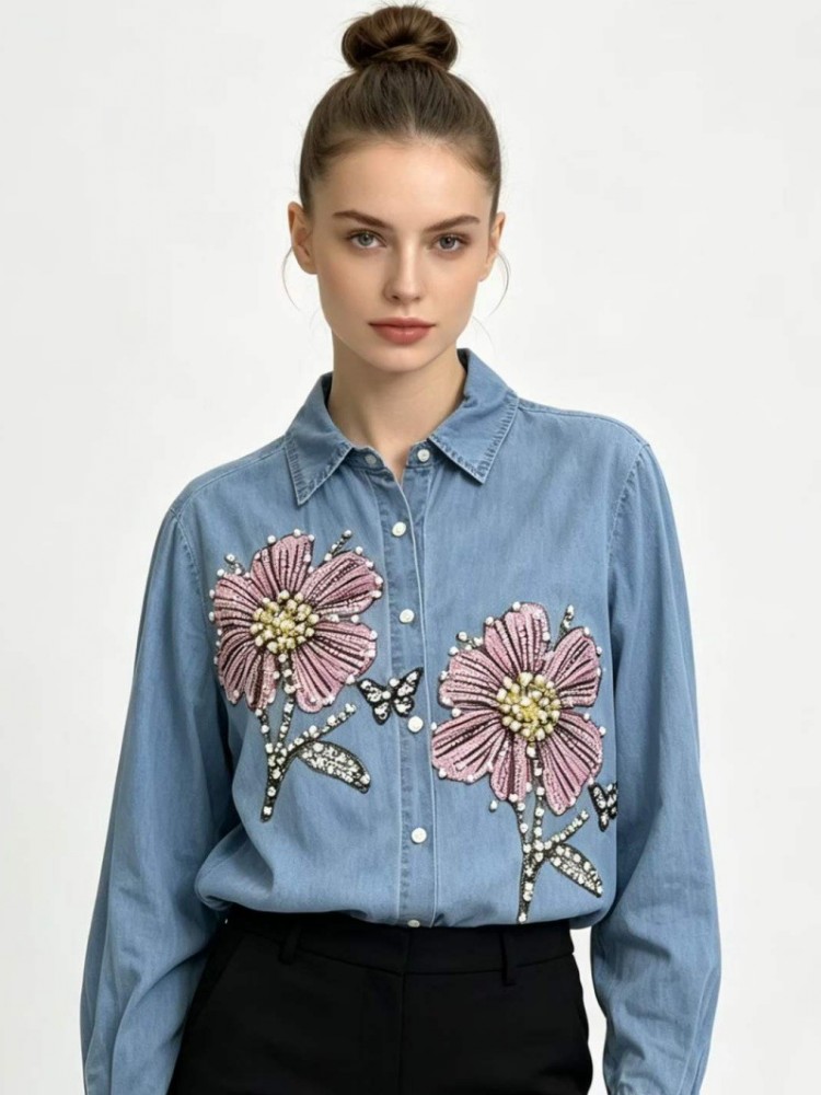 Damen Jeans-Stickerei-Blusen F – Embroidery Cotton Shirt Bewertung und Preis